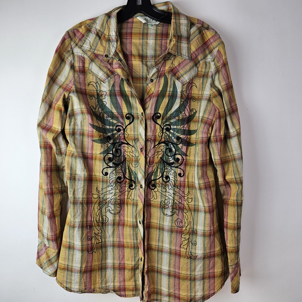 Roper Western Shirt Mens L Yellow Plaid Long Sleeve Pearl Snap Cowboy Rodeo